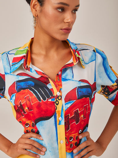 Mini Shirt Dress Satin Artistic Down Straight Fit