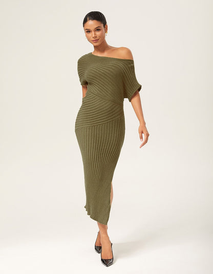 Olive Green One-Shoulder Knitted Bodycon Maxi Dress