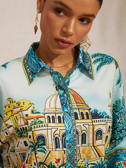 Balearic Islands Blue Silky Satin Dolman Sleeve Top