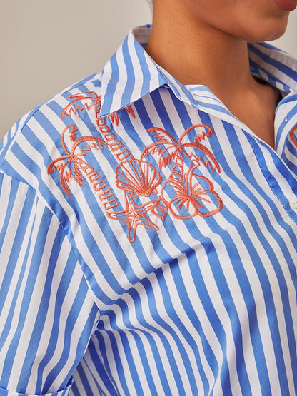 Summer Striped Embroidered Oversized Shirt