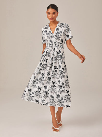 Black & White Beach Print Vacation-Style Midi Dress