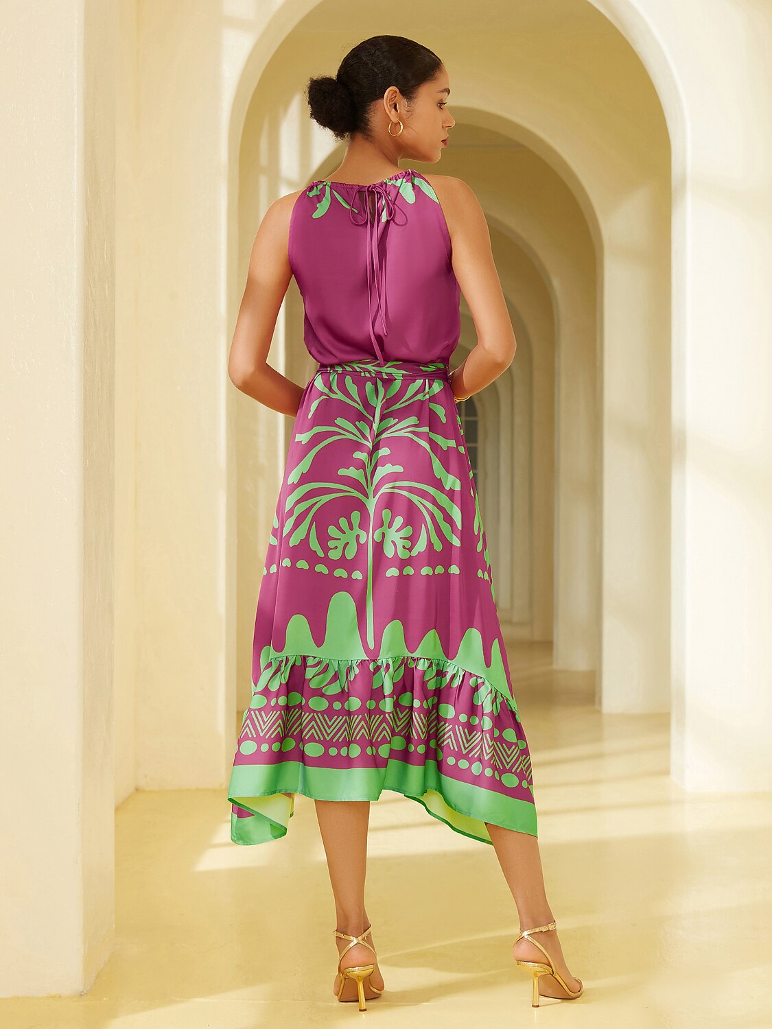 Satin Vacation-Style Geometric Pattern Sleeveless Midi Dress