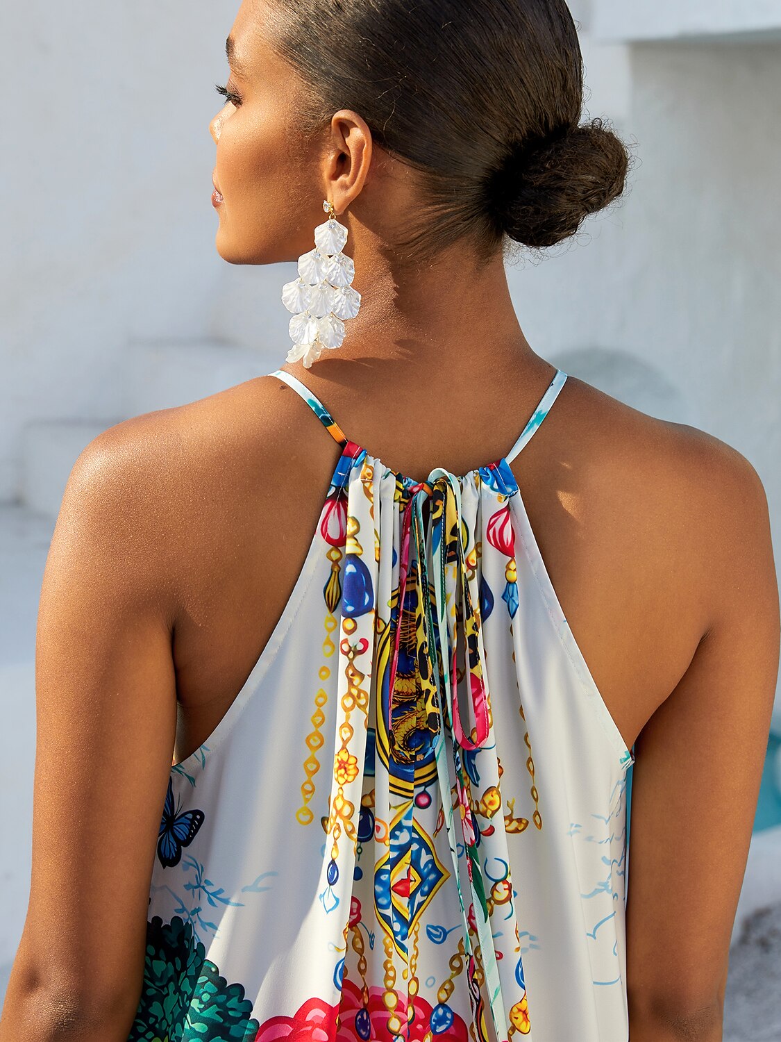 Vacation Vintage Patchwork Motif Sleeveless Drawstring Satin Maxi Dress