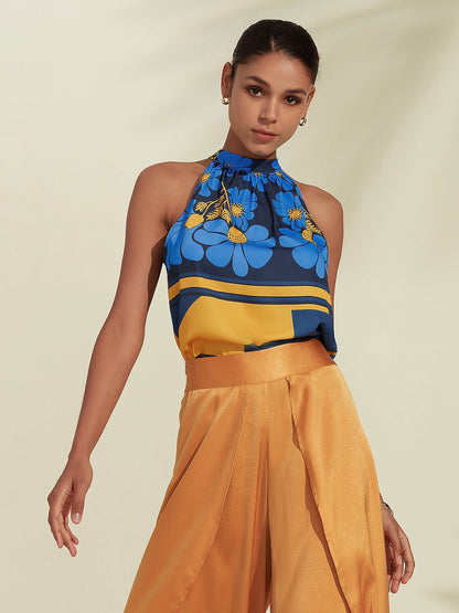 Geometic Flower/Plants Ruched Tie back/Tie front Blouses