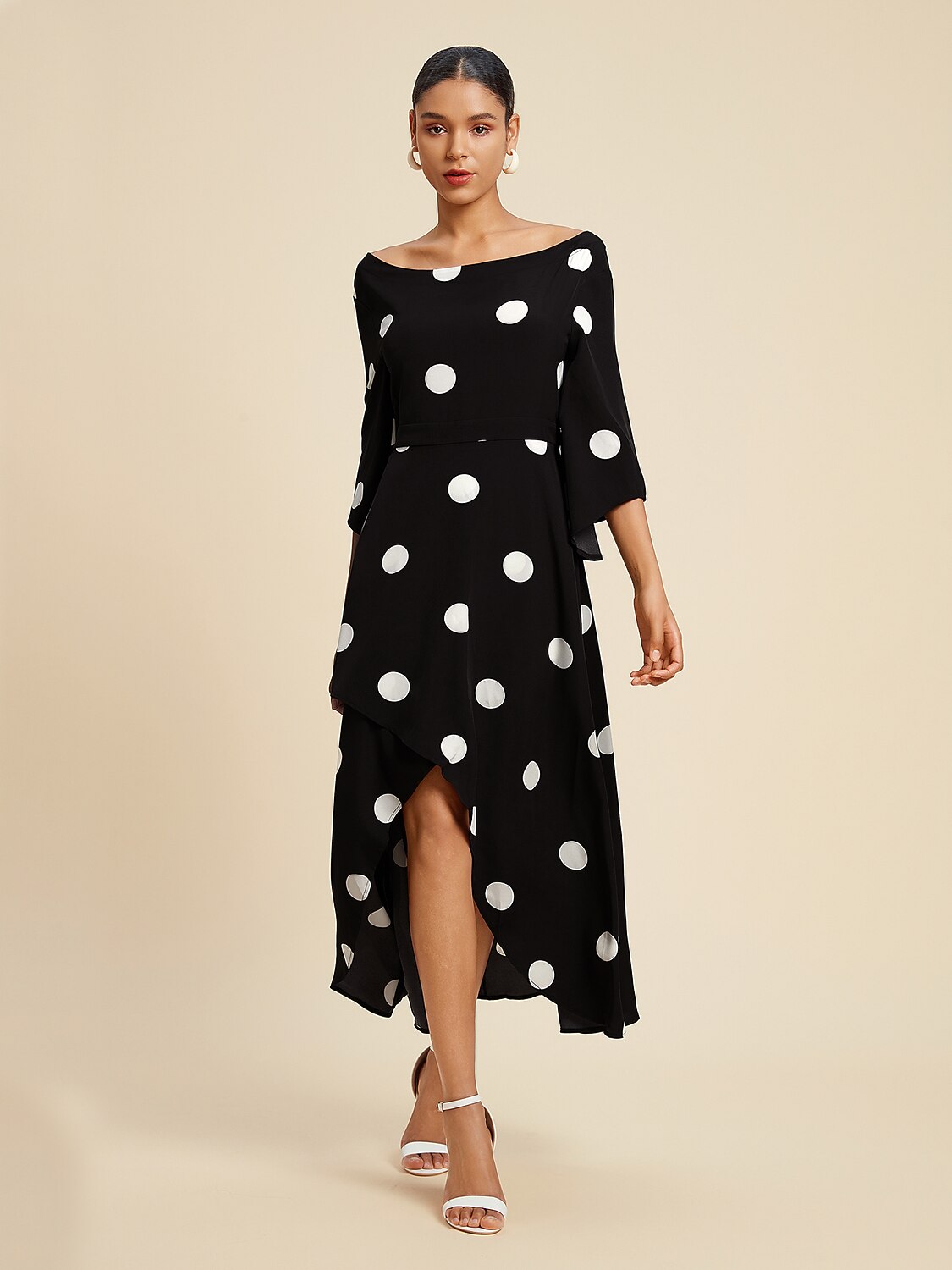 Black Polka Dot Print Asymetric Hem Off-Shoulder Dress
