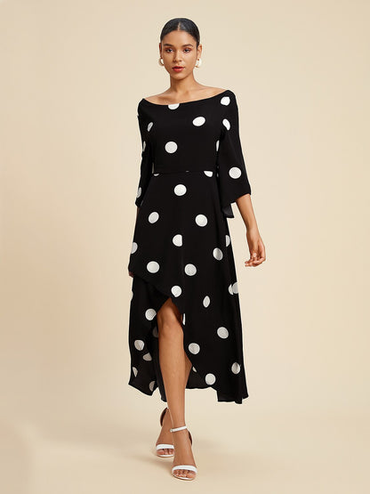 Black Polka Dot Print Asymetric Hem Off-Shoulder Dress