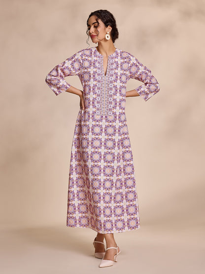 Ethnic Floral Print Notched Collar Vacation Style Maxi Dress