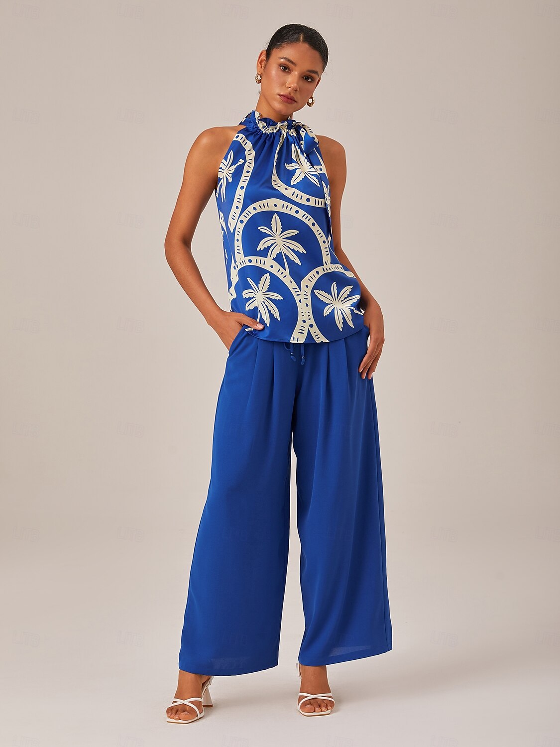 Elastic Chiffon Waist Drawstring Wide Leg Resort Pants