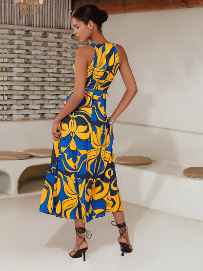 Midi Dress Midi Dress Yellow less Floral Belted Printing High Pattern Dress