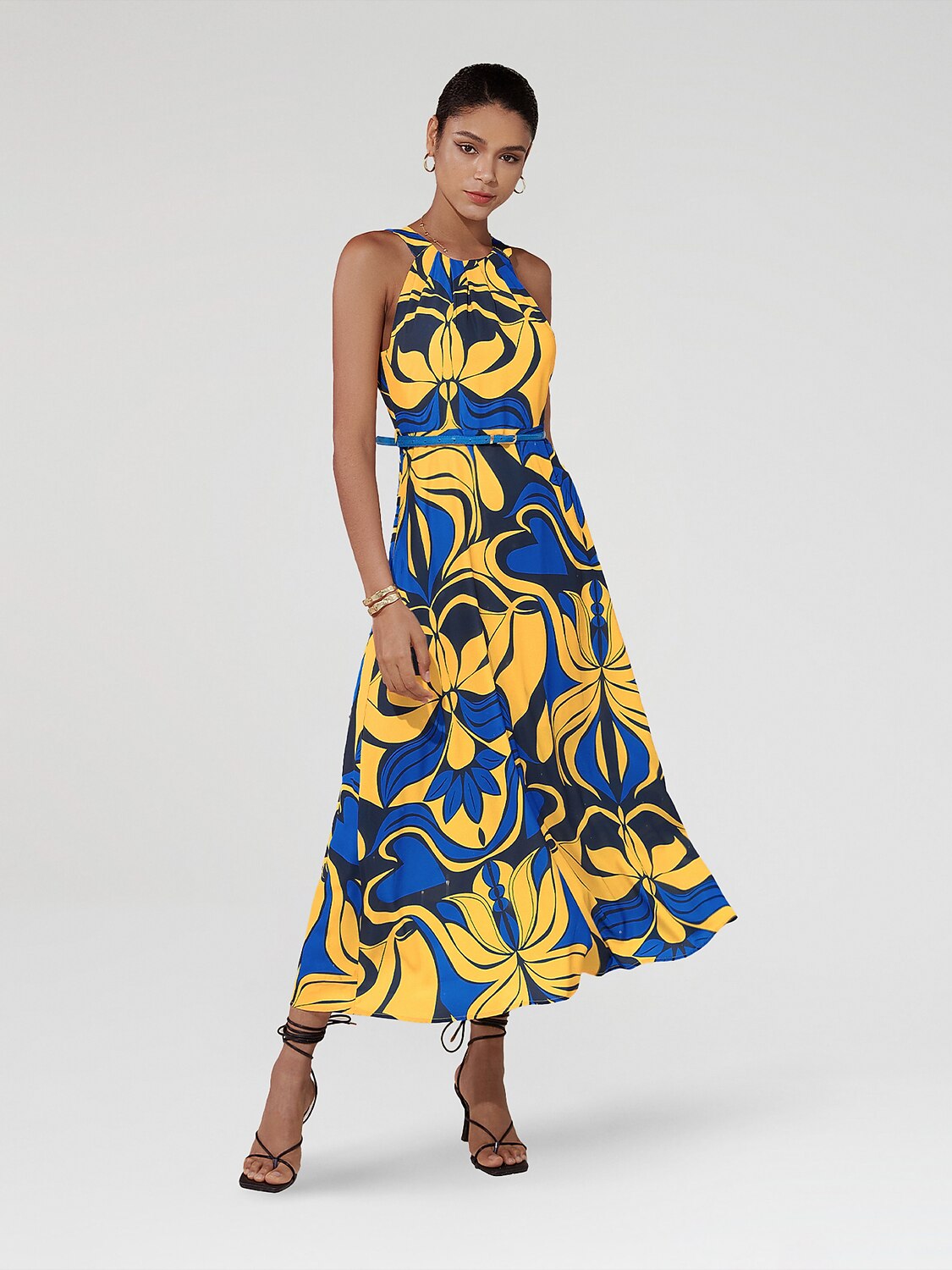 Sleeveless Satin Floral Print Belted High Neck Dres