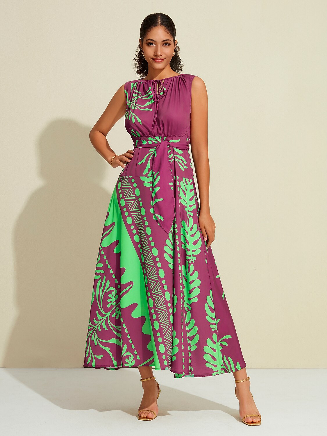 Satin Sleeveless Plants Print Vacation Belted Maxi Dress