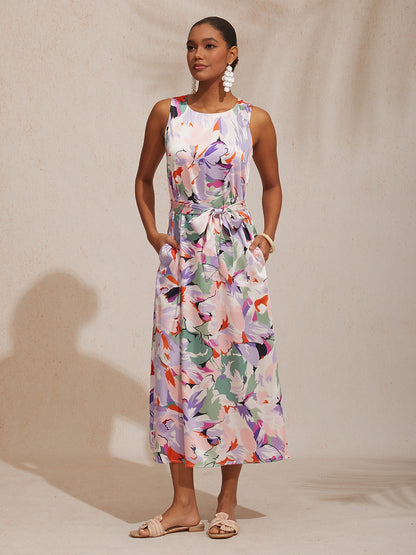 Vacation Abstract Floral Print Straight Fit Satin Maxi Dress