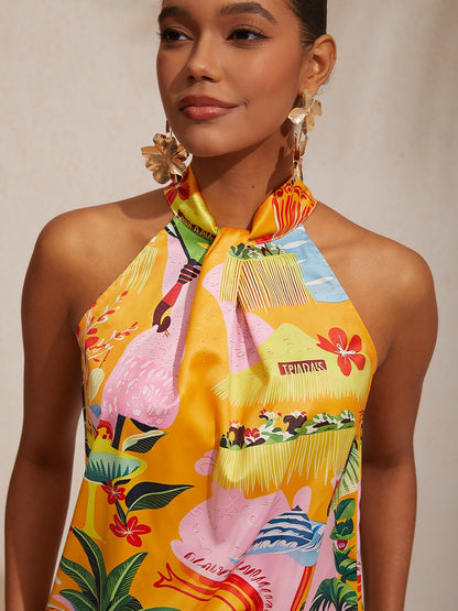 Vacation Beach Floral Print Halter Satin Top