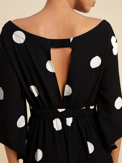 Black Polka Dot Print Asymetric Hem Off-Shoulder Dress