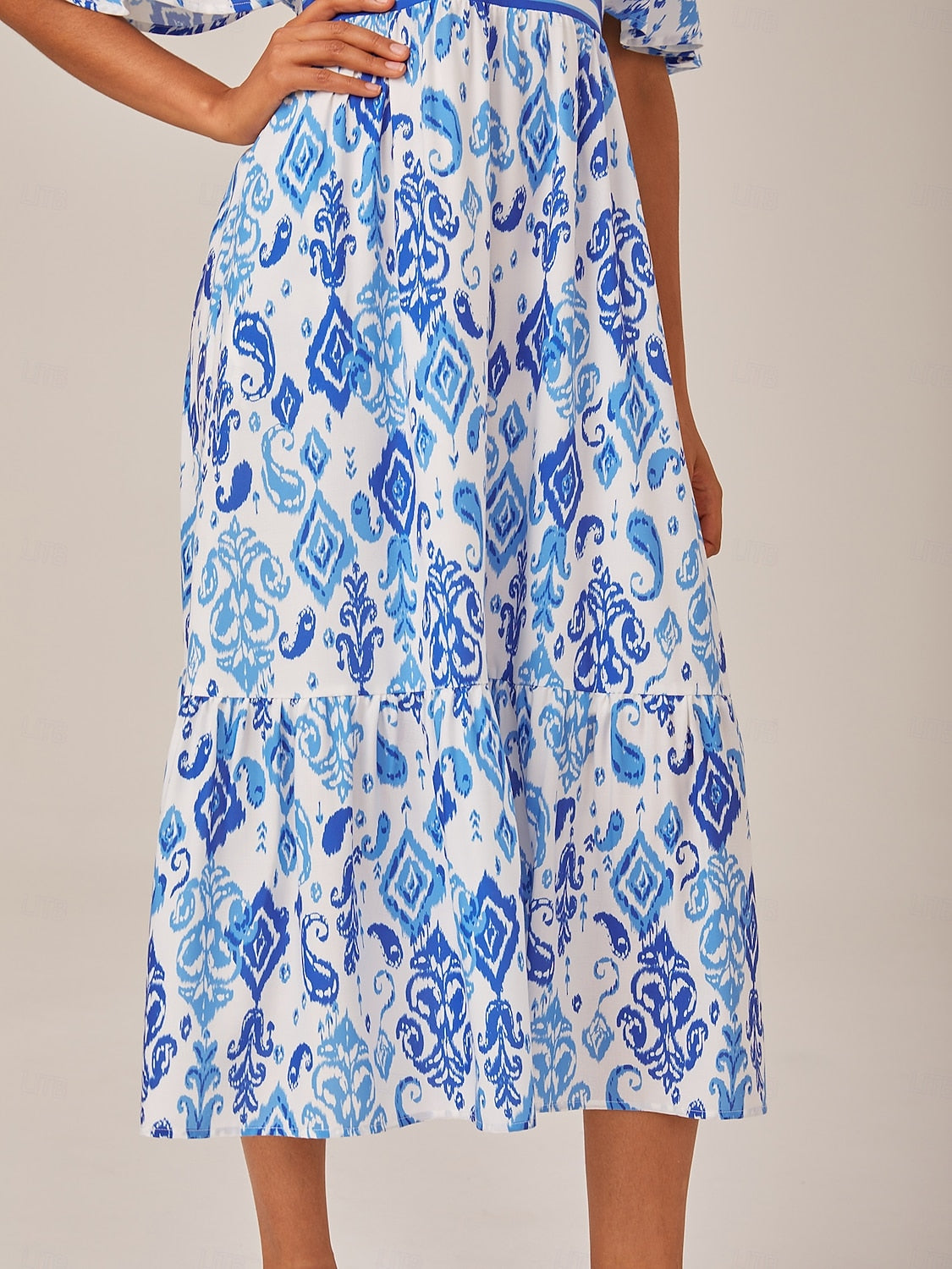 Blue Monochrome Print Empire Waist Midi Dress