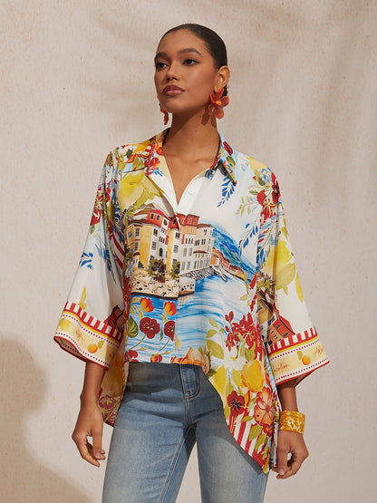 Vacation Scenic Floral Print Dolman Sleeve Chiffon Short Shirt
