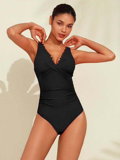 Triangle V-Neck Petal Border One-Piece Vacation Swimsuit
