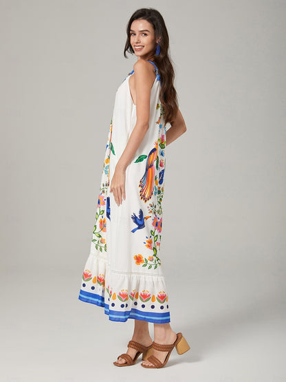 White-Toned Cotton Like Beach Vacation Floral Print Dress