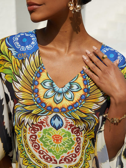 Vacation Gradient Leopard Motif Batwing Sleeve Slit Chiffon Maxi Dress