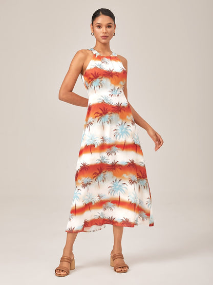 Palm Tree Sunset Print Halter Neck Maxi Dress