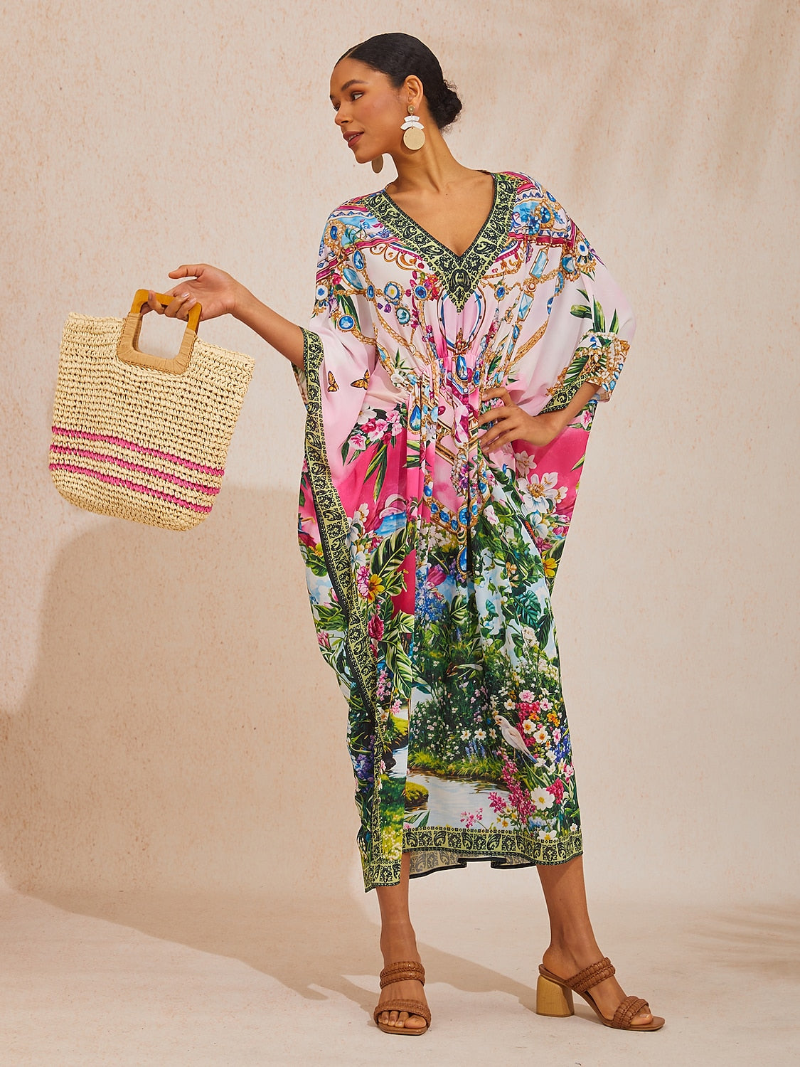 Vacation Floral Chain Print Dolman Sleeve Chiffon Maxi Dress