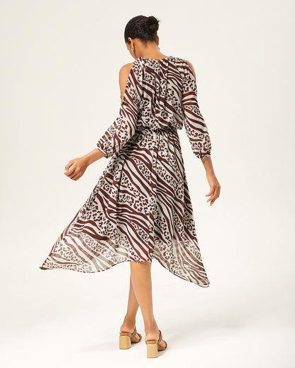 Animal Print Ruched Three Quarter Sleeve Dress