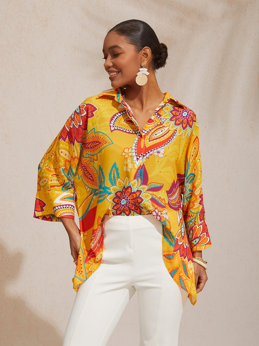 Vacation Paisley Floral Loose Dolman Sleeves Chiffon Short Shirt