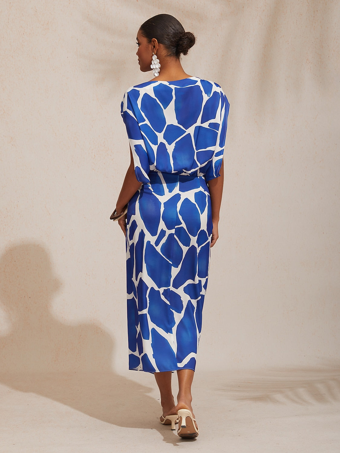 Vacation Geometric Color Block Print Fitted Satin Maxi Dress