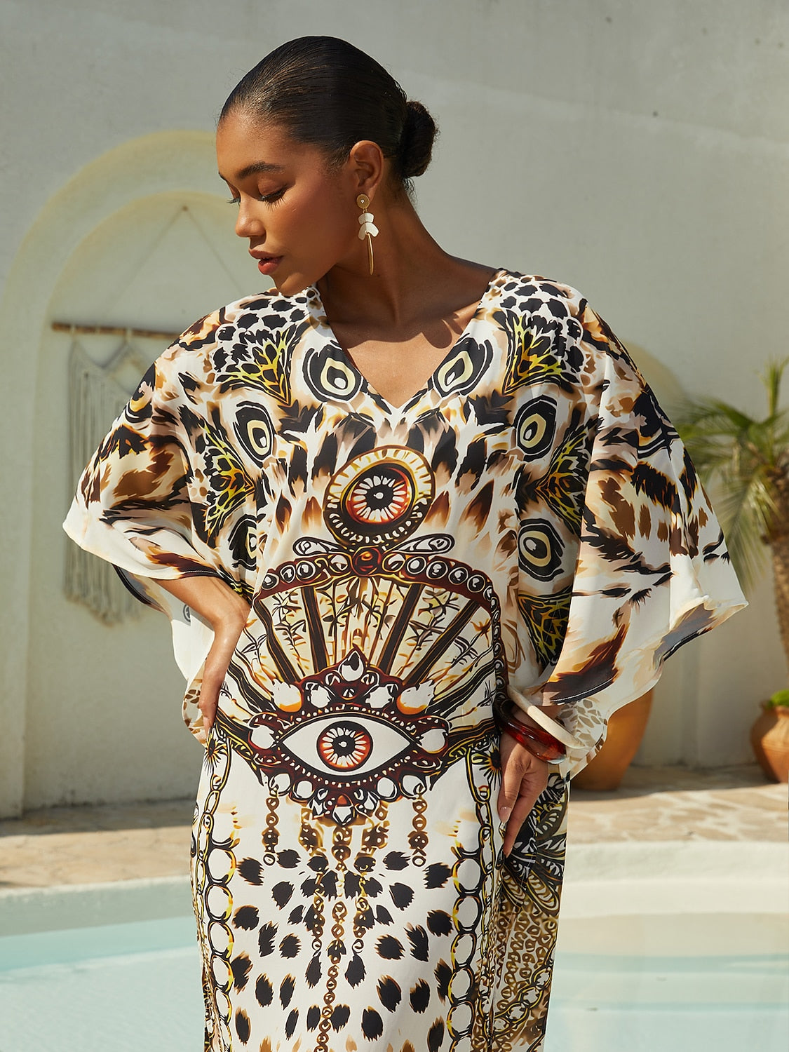 Vacation Leopard Motif Dolman Sleeve Loose Fit Chiffon Maxi Dress