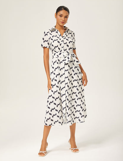 Monochrome Geometric Faux-Linen Dress