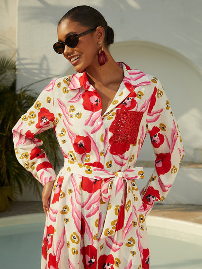 Vacation Blue Floral Straight Linen-Like Shirt Dress