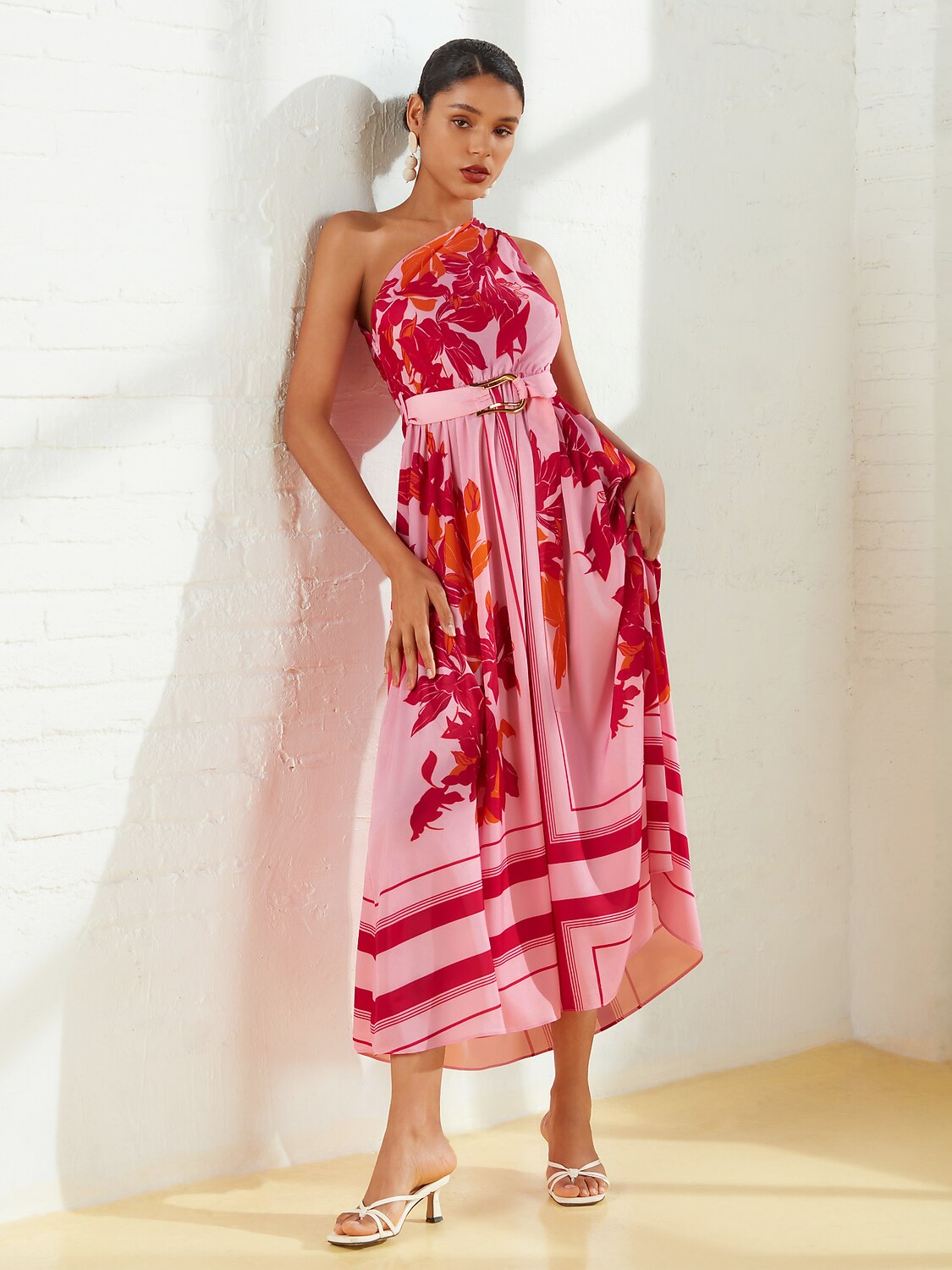 Satin Floral Print Vacation One-Shoulder Maxi Dress