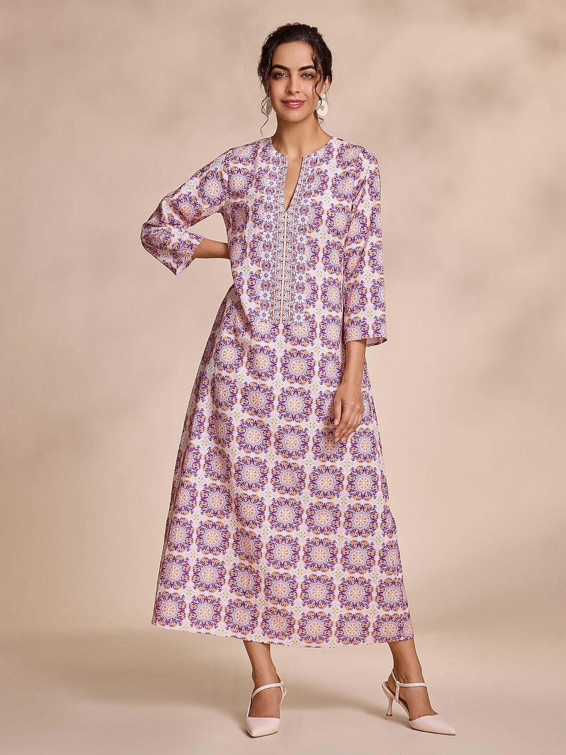 Ethnic Floral Print Notched Collar Vacation Style Maxi Dress