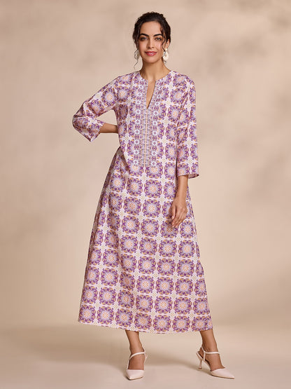 Ethnic Floral Print Notched Collar Vacation Style Maxi Dress