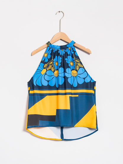 Geometic Flower/Plants Ruched Tie back/Tie front Blouses