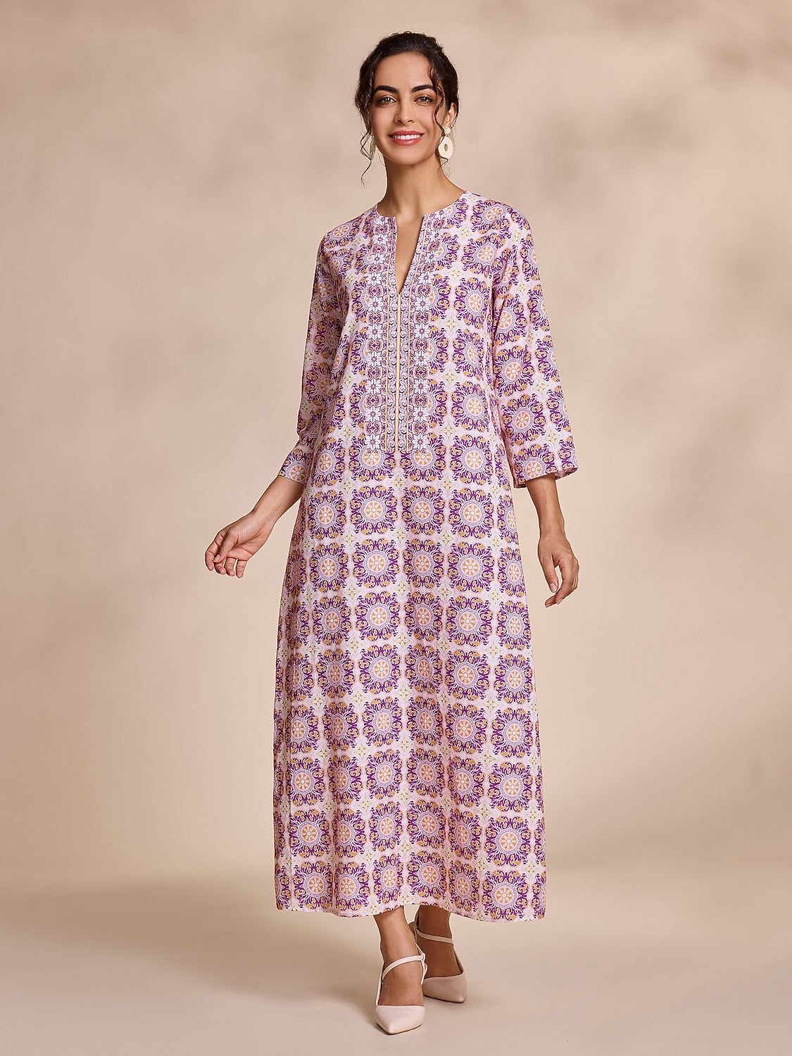 Ethnic Floral Print Notched Collar Vacation Style Maxi Dress