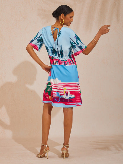 Vacation Print Satin Short Sleeves Mini Dress