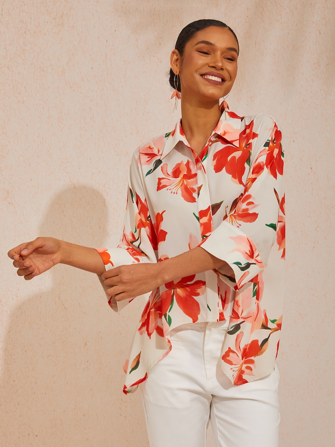 Vacation Pink Floral Dolman Sleeve Chiffon Shirt