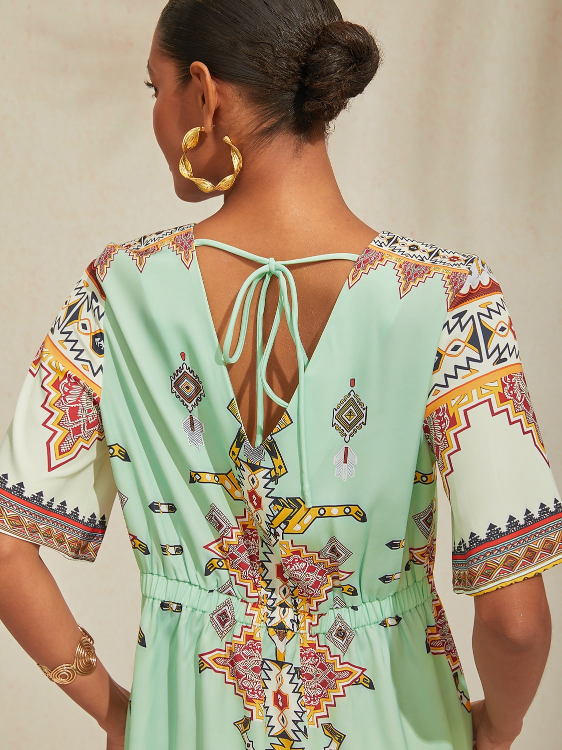 Vacation Vintage Ethnic Geometric Pattern Satin Midi Dress