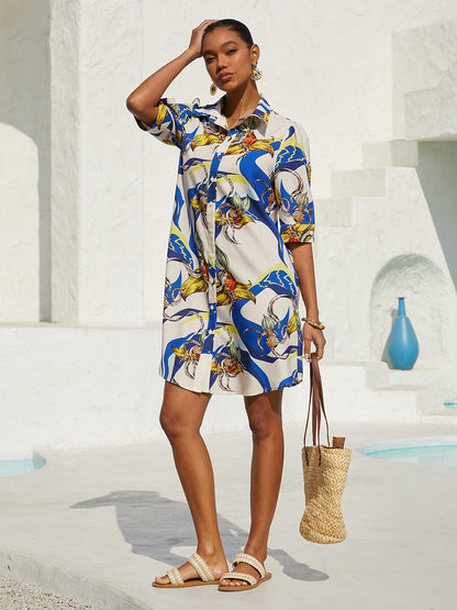 Vacation Scenic Floral Print Straight Satin Shirt Dress