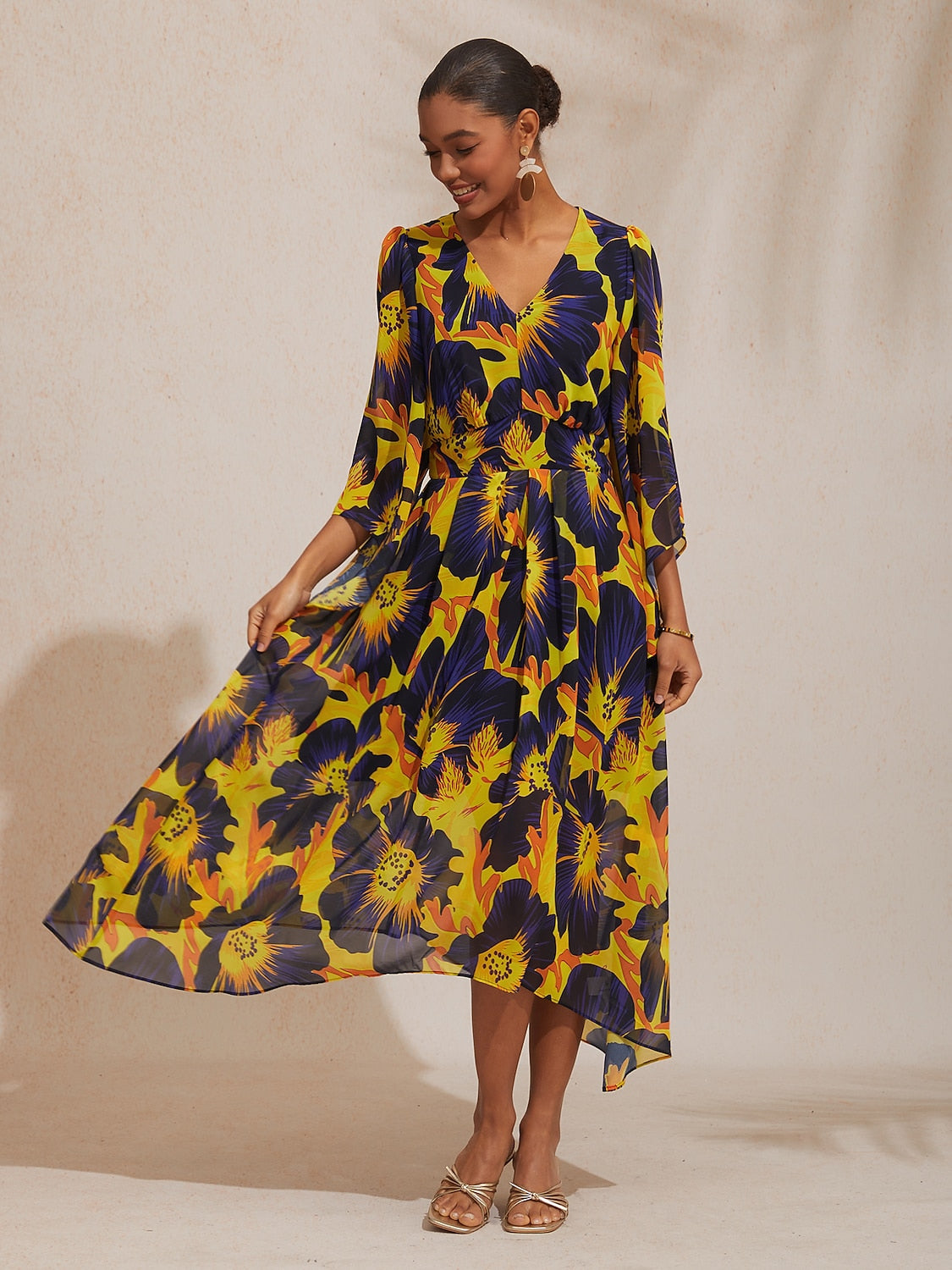 Vacation Abstract Floral Print Waist-defined Chiffon Maxi Dress