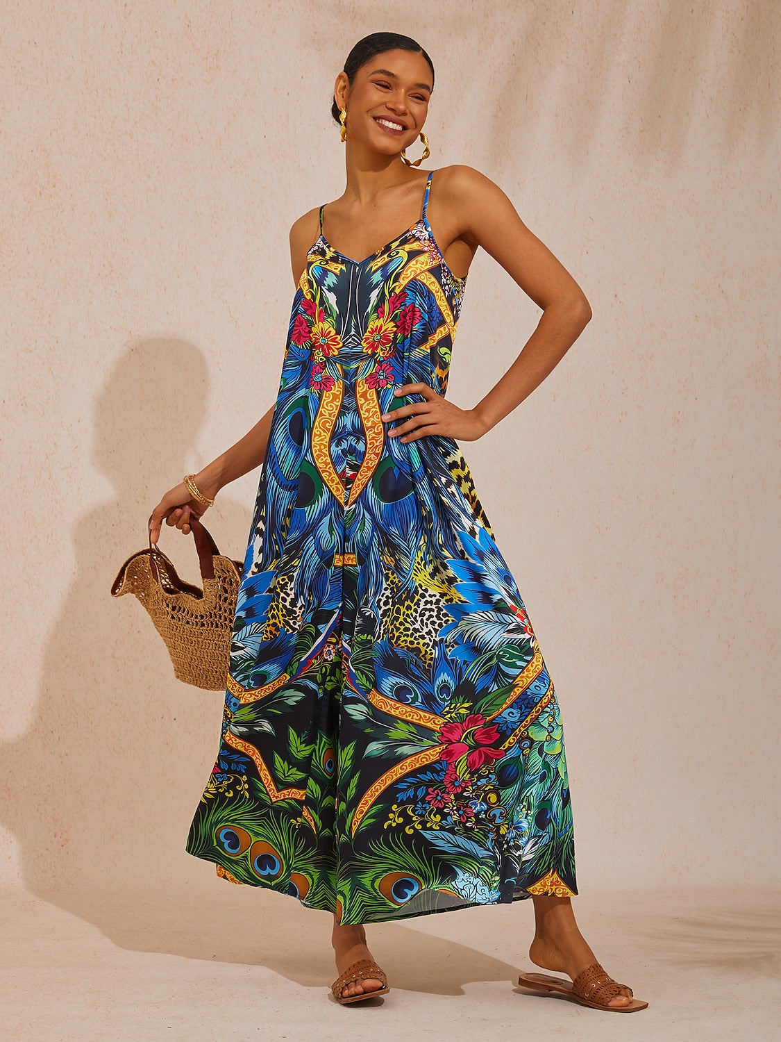 Vacation Jungle Feather Print Satin Cami Jumpsuit