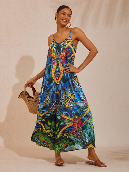 Vacation Jungle Feather Print Satin Cami Jumpsuit