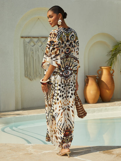 Vacation Leopard Motif Dolman Sleeve Loose Fit Chiffon Maxi Dress
