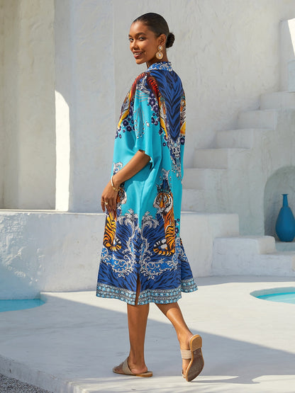 Indigo Tigress Chiffon Vacation Shirt Dress