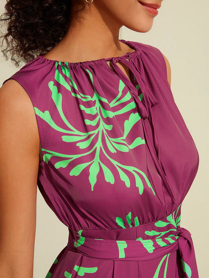 Satin Sleeveless Plants Print Vacation Belted Maxi Dress