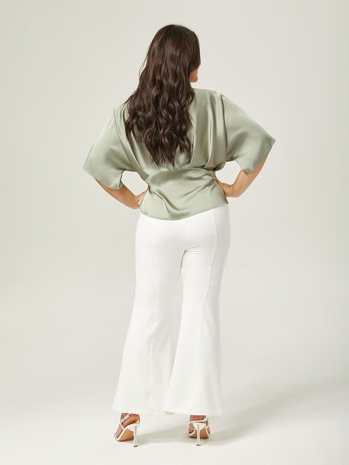 Satin Dolman Sleeve Inverted Pleat V-Neck Top