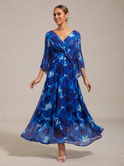 Chiffon Green Abstract Floral Print Twist Knot Maxi Dress