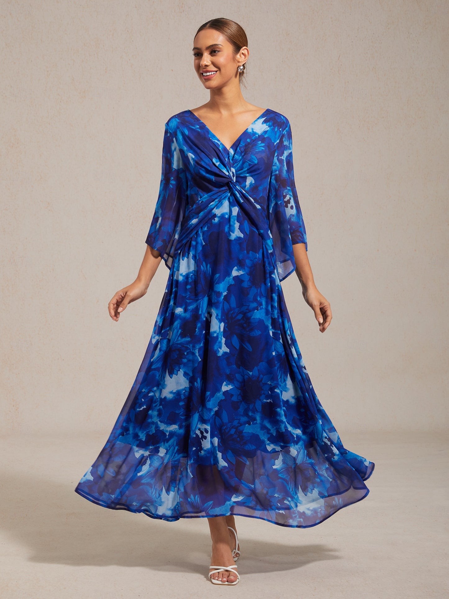 Chiffon Green Abstract Floral Print Twist Knot Maxi Dress