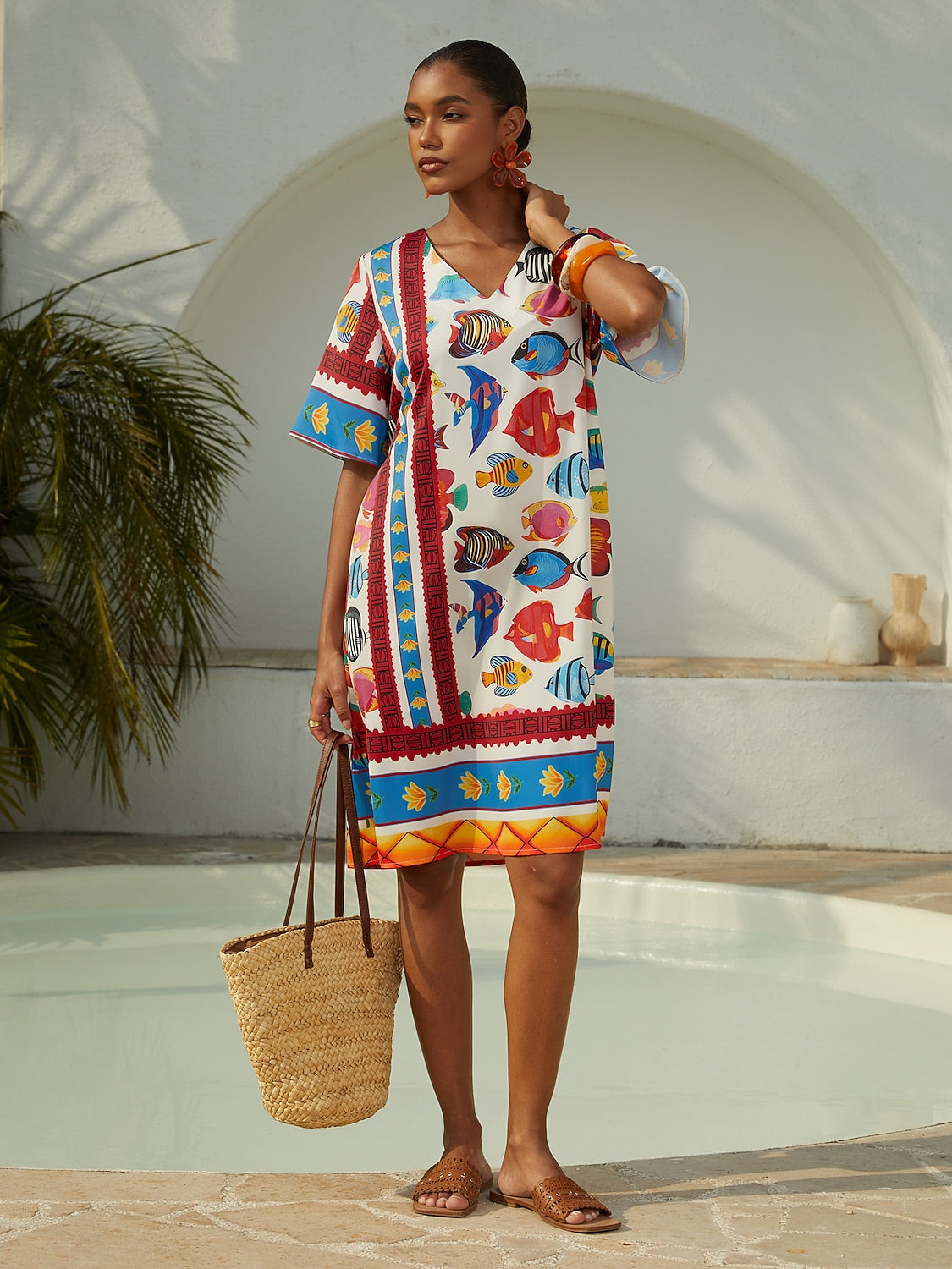 Vacation Ocean Elements Shirred Satin Mini Dress